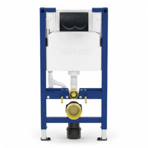 Geberit Alpha 98cm Frame & Cistern with Black Chrome Round Flush Plate