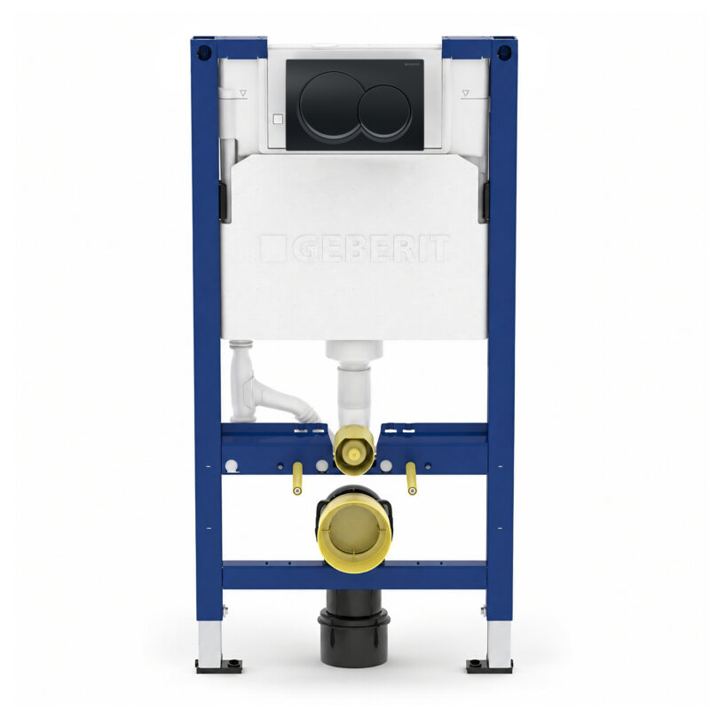 Geberit Alpha 98cm Frame & Cistern with Black Chrome Round Flush Plate Geberit Alpha 98cm Frame & Cistern with Black Chrome Round Flush Plate