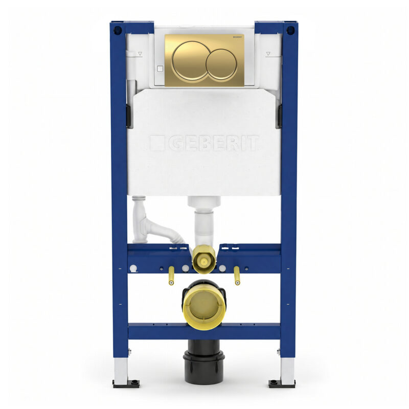 Geberit Alpha 98cm Frame & Cistern with Brass Round Flush Plate Geberit Alpha 98cm Frame & Cistern with Brass Round Flush Plate