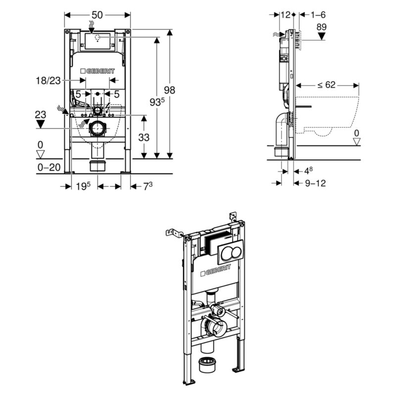 Geberit Alpha 98cm Height WC Frame, Cistern & Alpha01 Round Flush Plate
