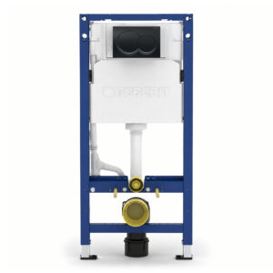 Geberit Alpha 112cm Frame & Cistern with Black Chrome Round Flush Plate