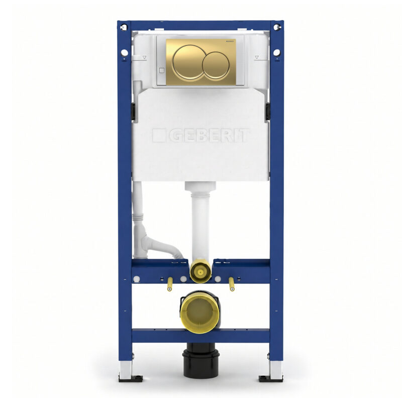 Geberit Alpha 112cm Frame & Cistern with Brass Round Flush Plate Geberit Alpha 112cm Frame & Cistern with Brass Round Flush Plate