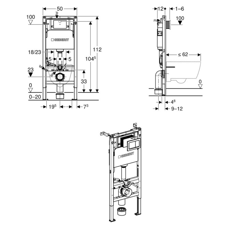 Geberit Alpha 112cm Height WC Frame, Cistern & Alpha01 Square Flush Plate