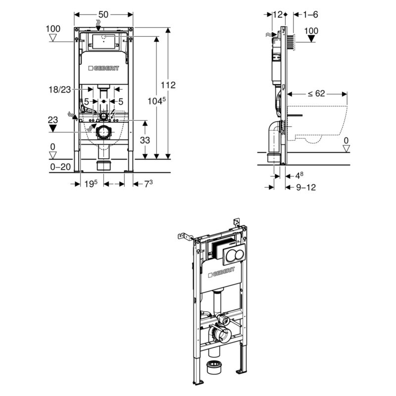 Geberit Alpha 112cm Height WC Frame, Cistern & Alpha01 Round Flush Plate