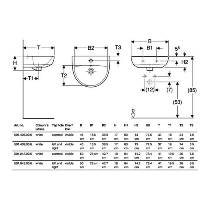 Geberit Selnova 500x410mm 2 Taphole Handrinse Basin & Semi Pedestal
