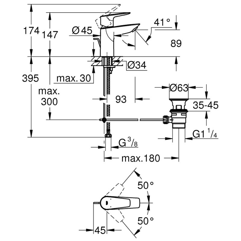 Grohe Bauedge S-Size Basin Mixer Tap with Pop Up Waste 23328
