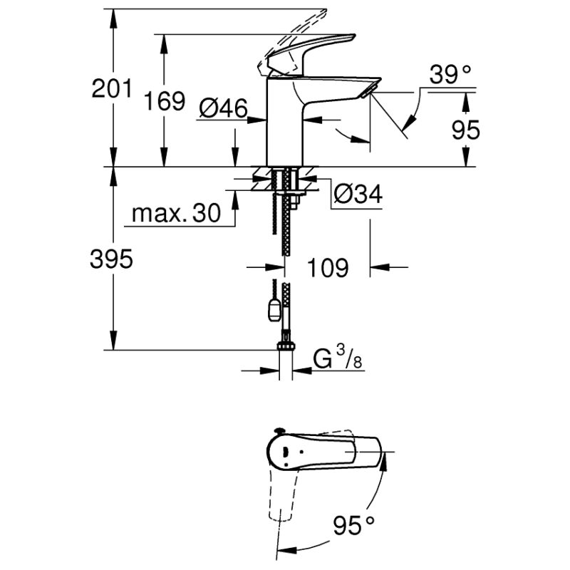 Grohe Eurosmart S-Size Basin Mixer with Chain 23372