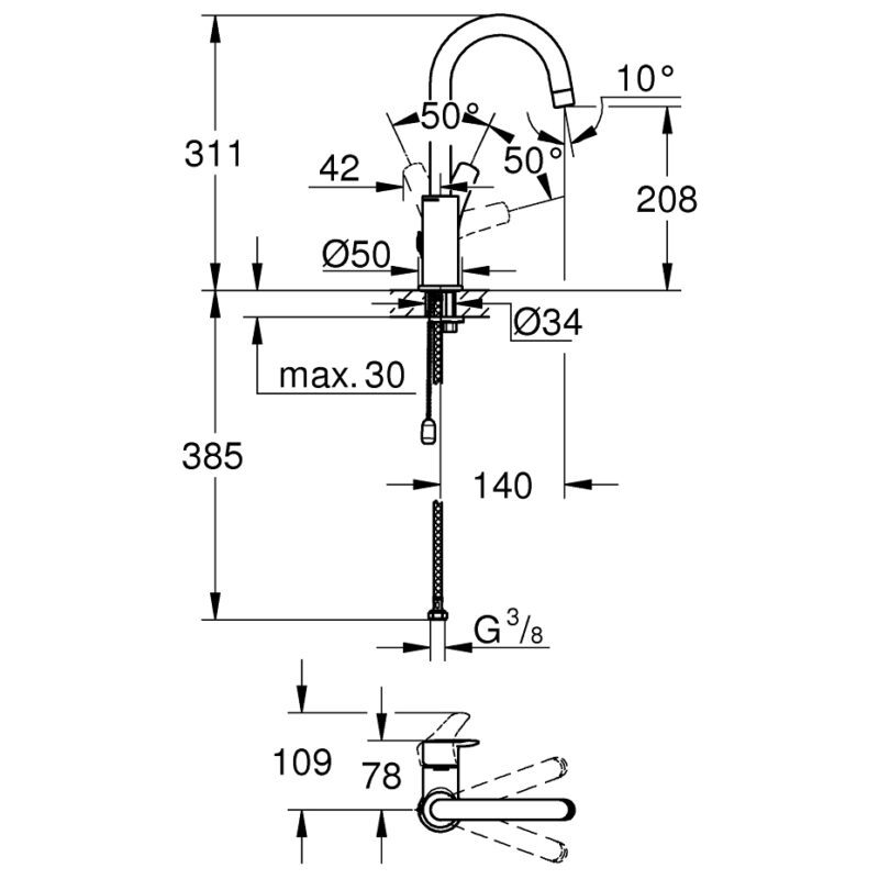 Grohe Eurosmart L-Size Basin Mixer Tap with Chain 23743
