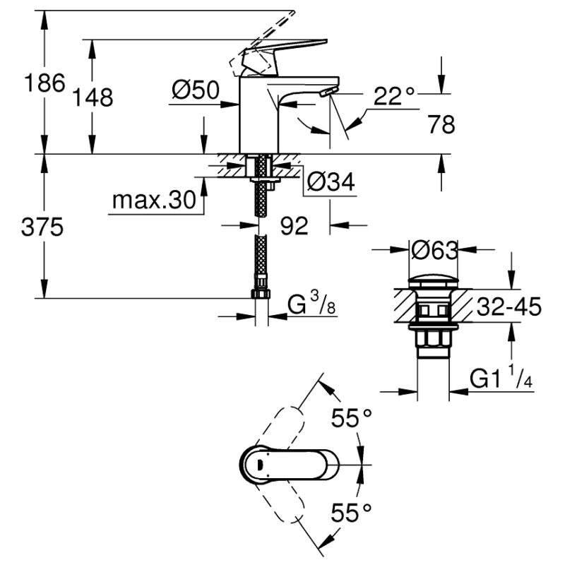Grohe Eurosmart Cosmopolitan S-Size Basin Mixer & Push Waste 23925