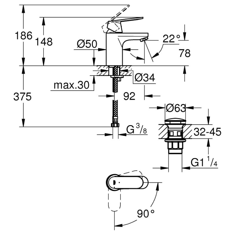 Grohe Eurosmart Cosmopolitan S-Size Cold Start Basin Mixer 23927