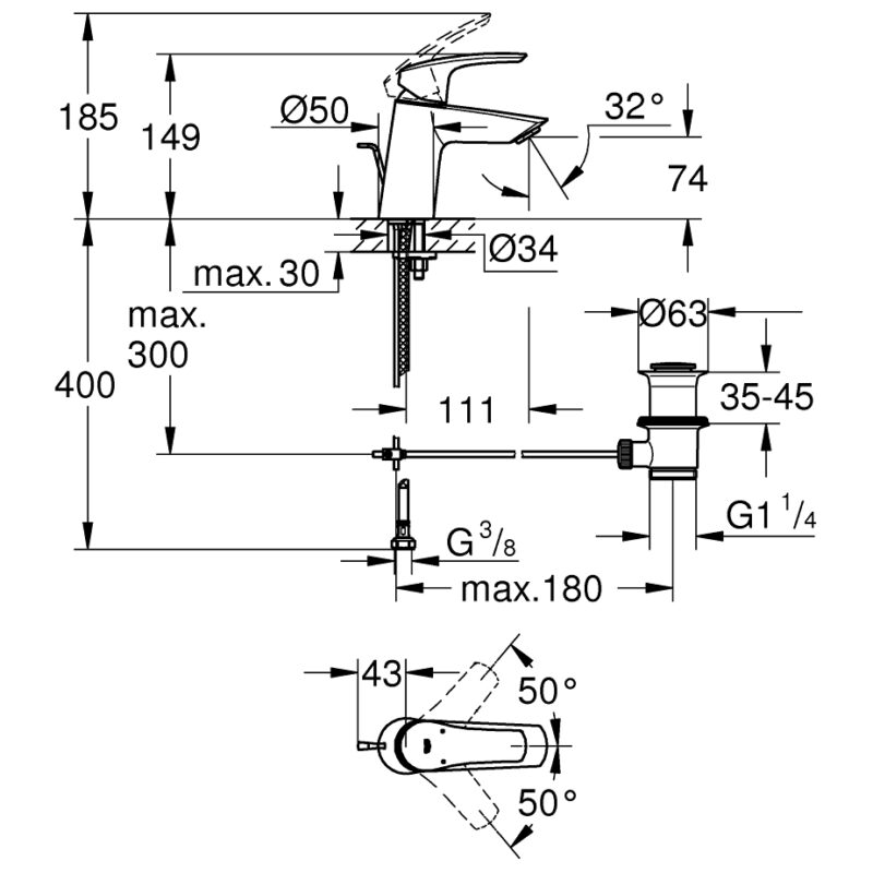 Grohe Eurosmart Angled S-Size Basin Mixer with Pop Up Waste 23965