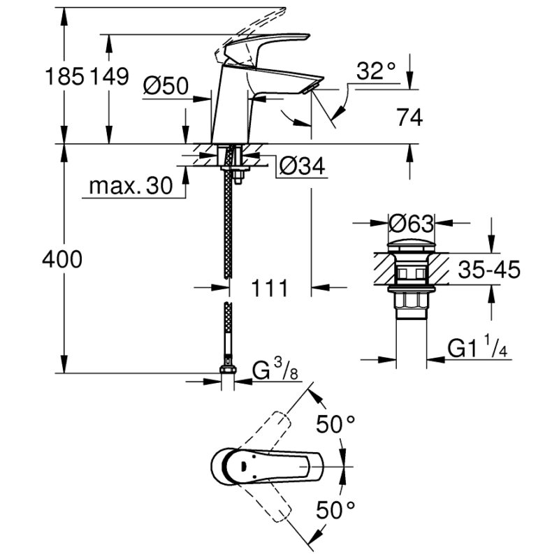 Grohe Eurosmart S-Size Angled Basin Mixer with Push Waste 23968