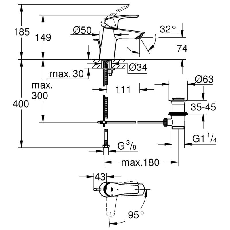 Grohe Eurosmart Angled S-Size Basin Mixer with Pop Up Waste 23969