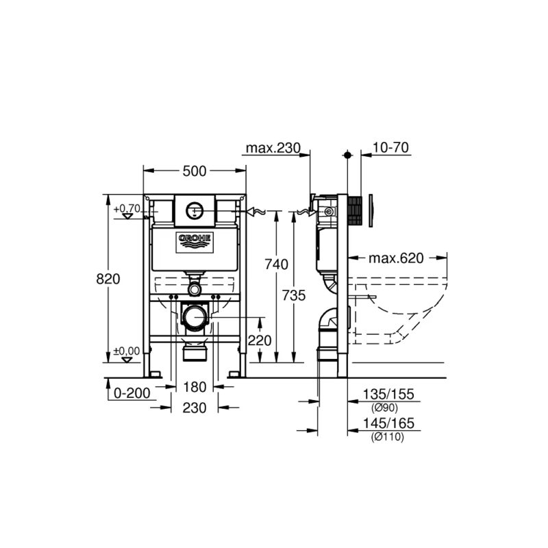 Grohe Rapid SL Frame 0.82m, Nova Cosmo Flush Plate & Front Wall Brackets