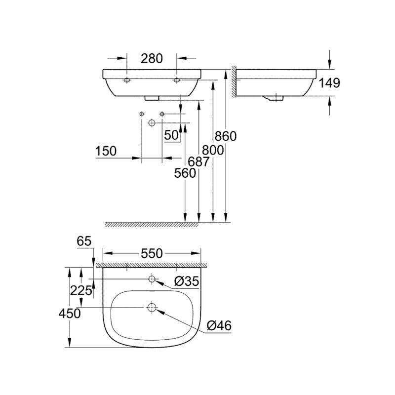 Grohe Euro Ceramic Wall Hung 55cm Washbasin 1 Tap Hole