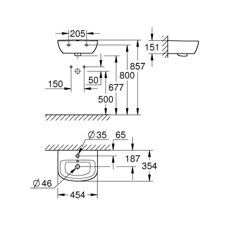 Grohe Bau Ceramic Wall Hung 45cm 1 Tap Hole Handrinse Basin
