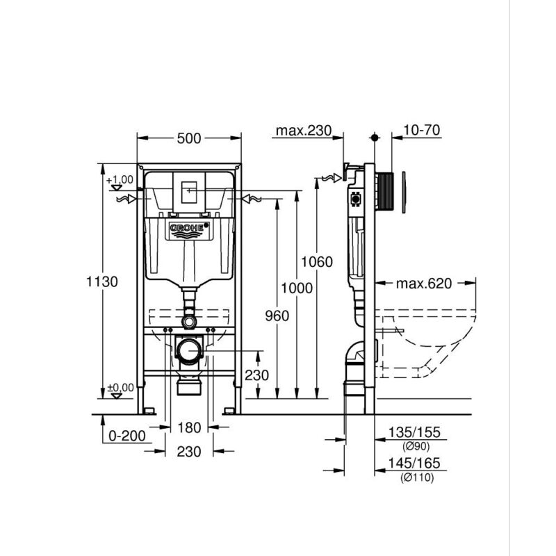 Grohe Rapid SL 3 In 1 WC Frame 1.13m with Black Skate Cosmo Flush Plate