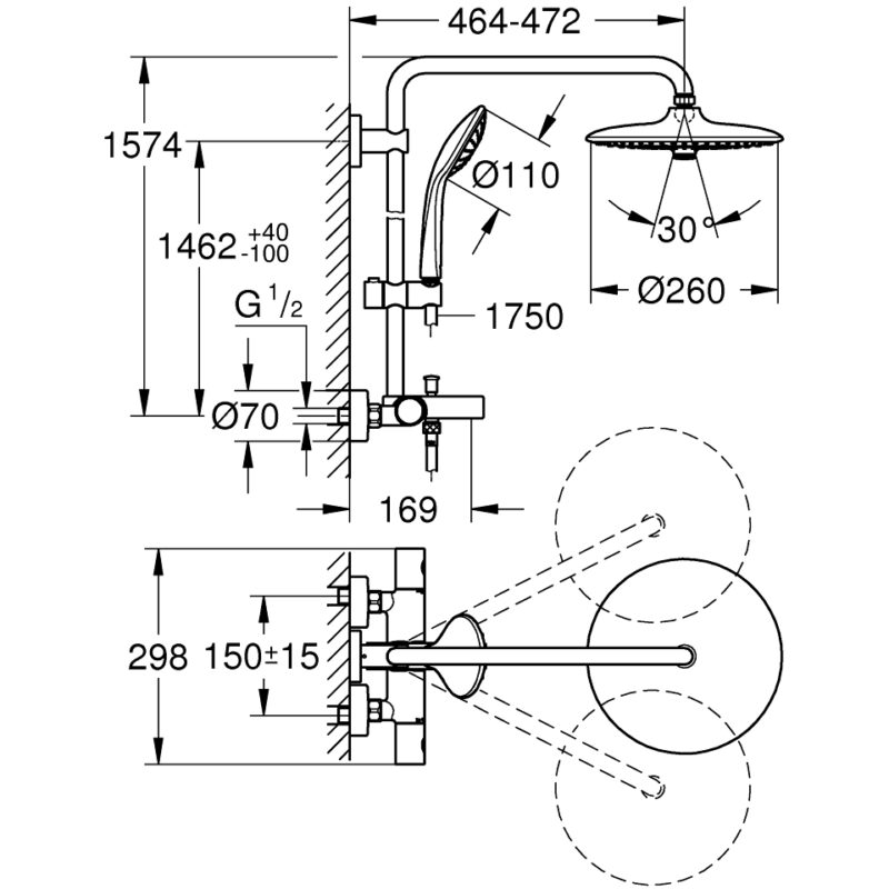 Grohe Euphoria 260 Wall Bath Shower System with Bath Thermostat 27475