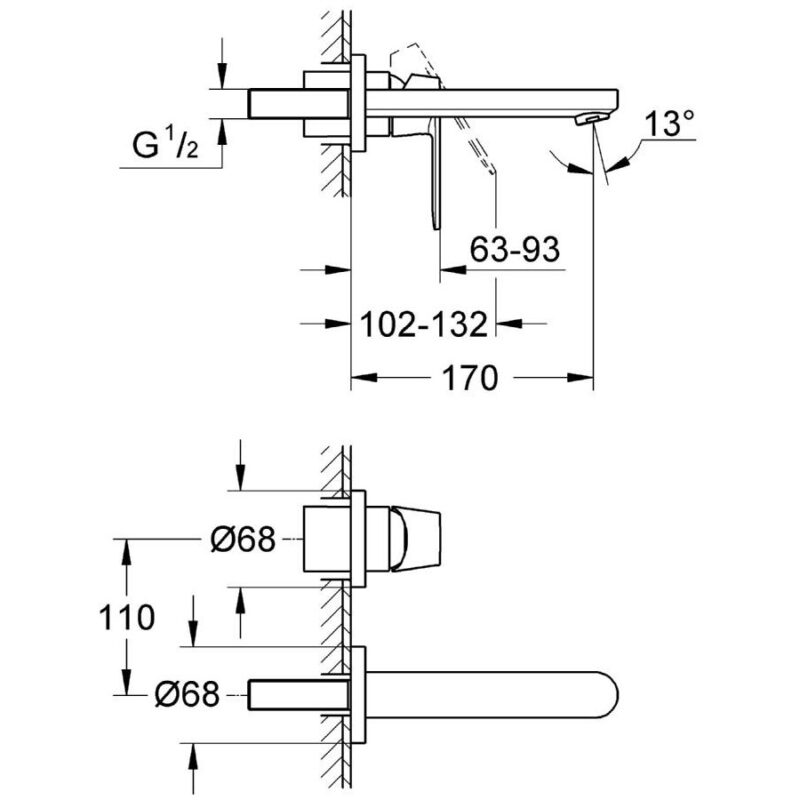 Grohe Eurosmart Cosmopolitan 2-Hole Wall Basin Mixer Small 19381