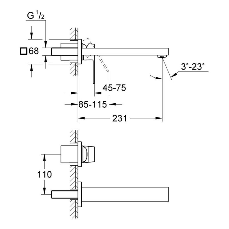 Grohe Eurocube Wall Mounted 2-Hole Basin Mixer Medium 23447