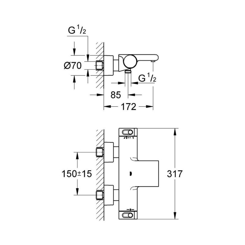 Grohe Grohtherm 2000 Thermostatic Wall Bath/Shower Mixer 34174