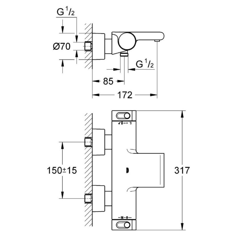 Grohe Grohtherm 2000 Wall Bath/Shower Mixer 1/2" 34466