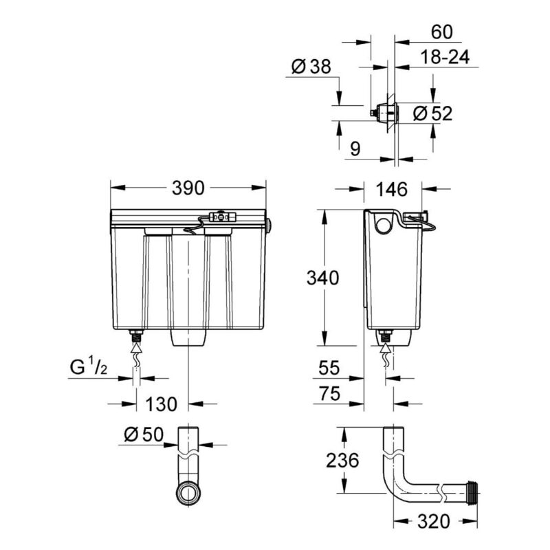 Grohe Concealed Flushing Cistern Dual Flush Bottom Fill 39053