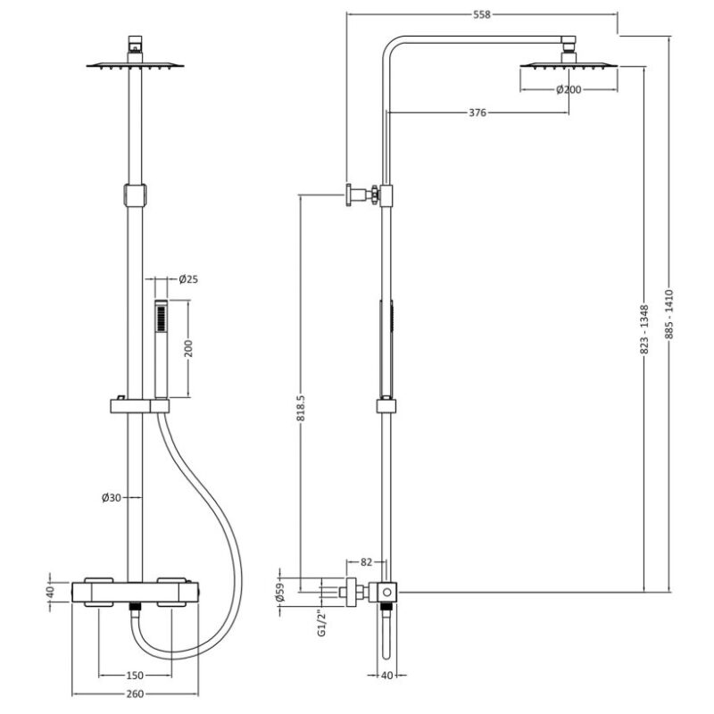Hudson Reed Luxury Square Thermostatic Bar Valve & Shower Kit