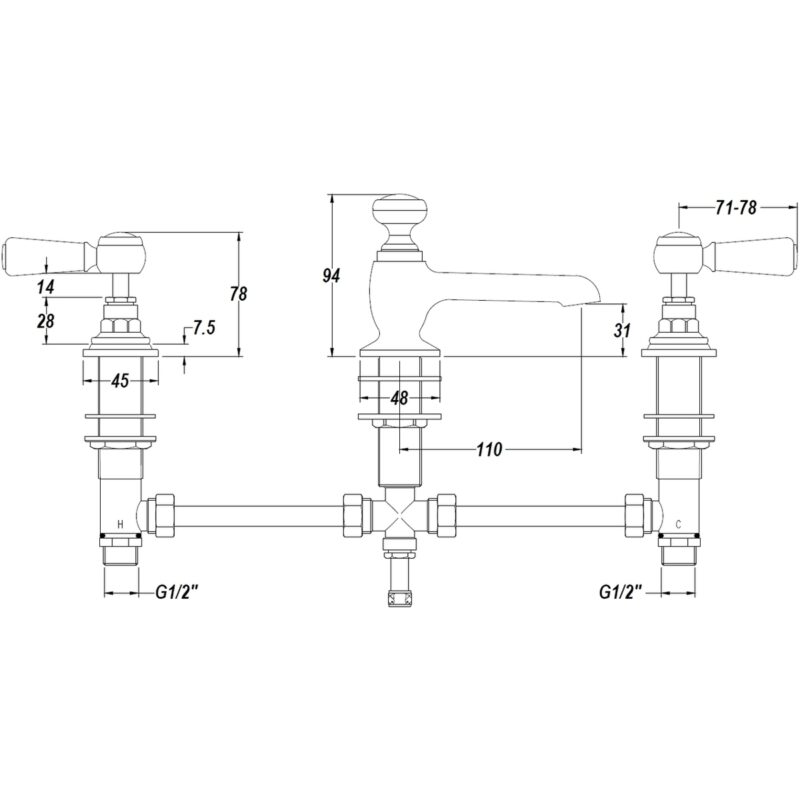 Hudson Reed White Topaz Lever 3 Hole Basin Mixer Hex
