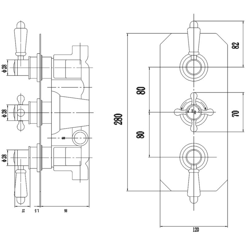 Hudson Reed Black Topaz Triple Concealed Valve with Diverter