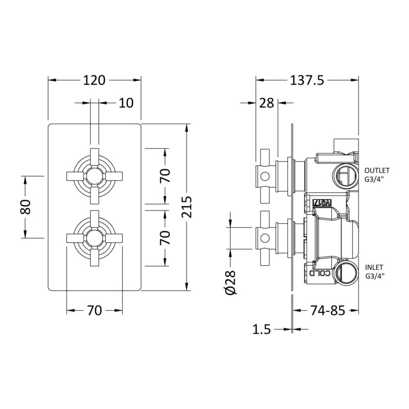 Hudson Reed Kristal Chrome Concealed Thermostatic Twin 3-Way Shower Valve