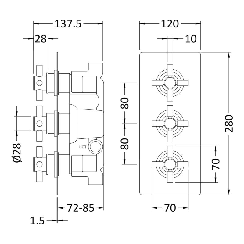 Hudson Reed Tec Matt Black Crosshead Triple Thermostatic Valve with Diverter