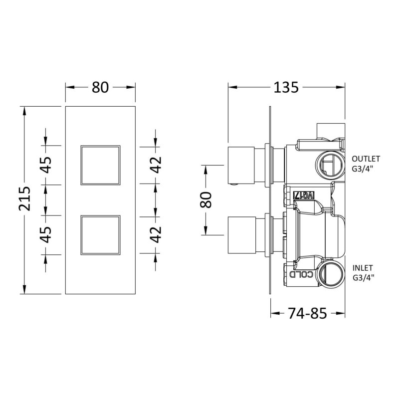 Hudson Reed Square Chrome Concealed Thermostatic Twin 3-Way Shower Valve