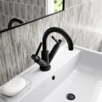 Hudson Reed Tec Twin Lever Matt Black Mono Basin Mixer & Push Button Waste