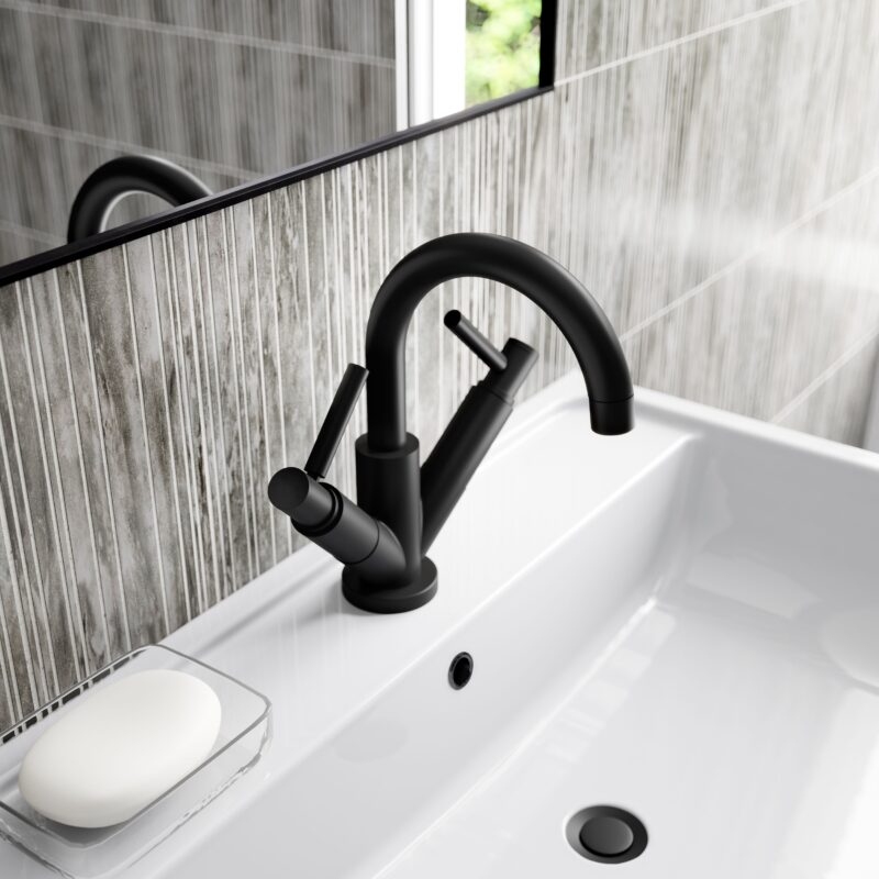 Hudson Reed Tec Twin Lever Matt Black Mono Basin Mixer & Push Button Waste