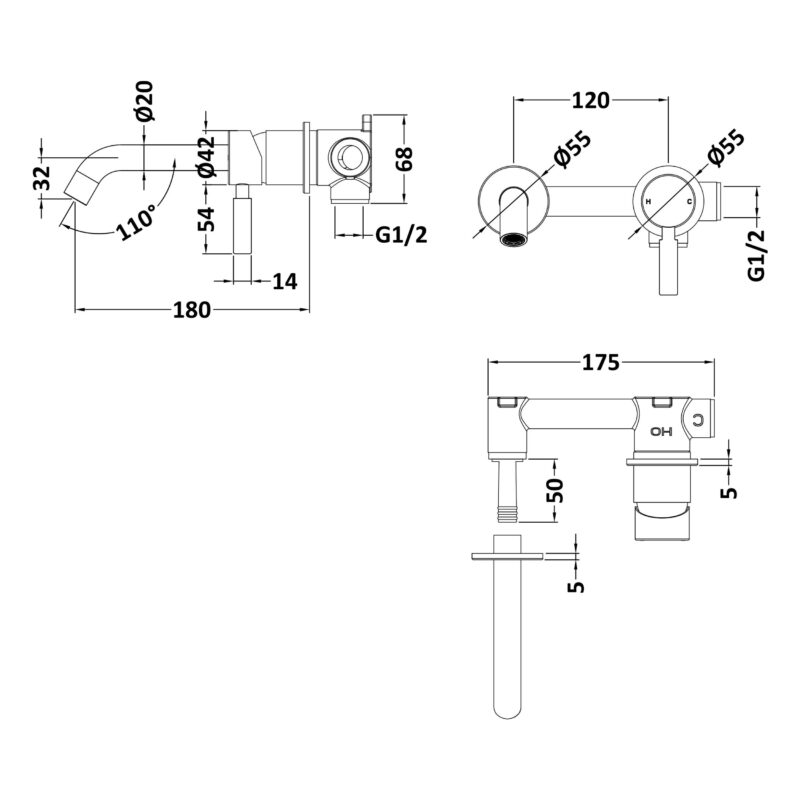 Hudson Reed Tec Lever Matt Black  2 Hole Wall Basin Mixer