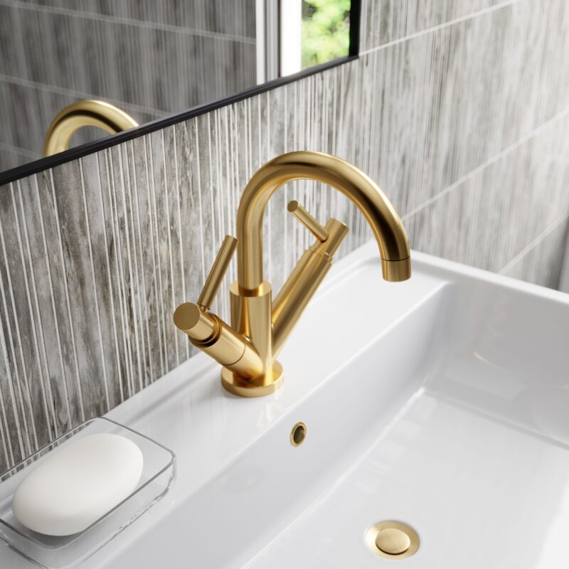 Hudson Reed Tec Twin Lever Brushed Brass Mono Basin Mixer with Waste