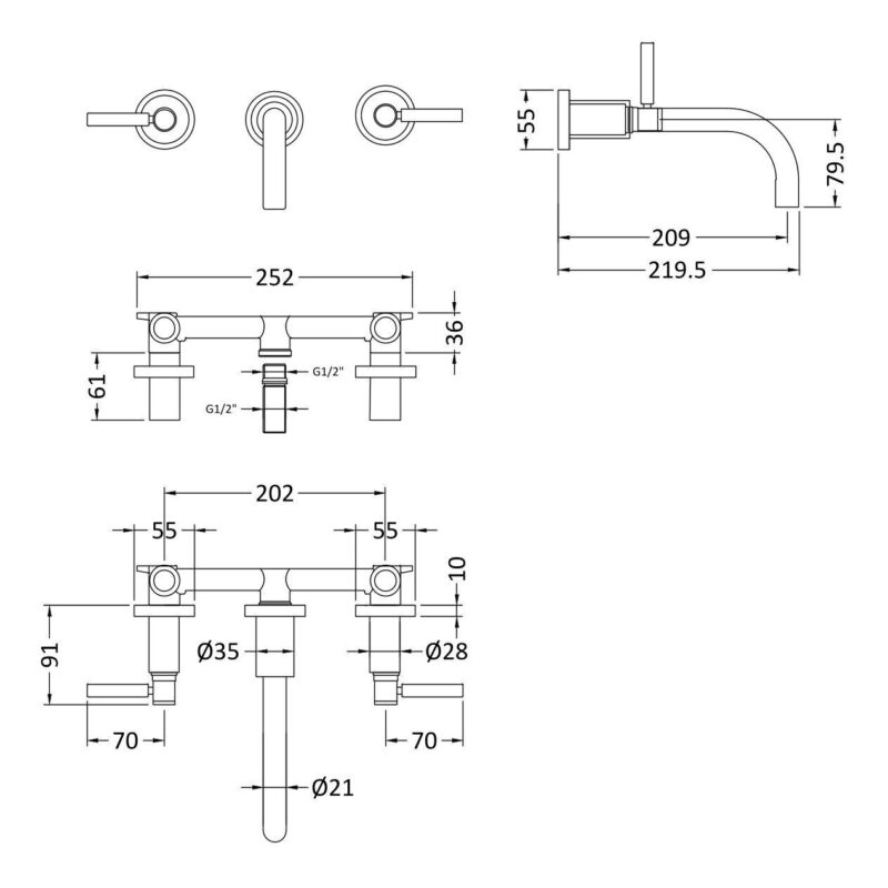 Hudson Reed Tec Lever Brushed Brass Wall Basin Mixer