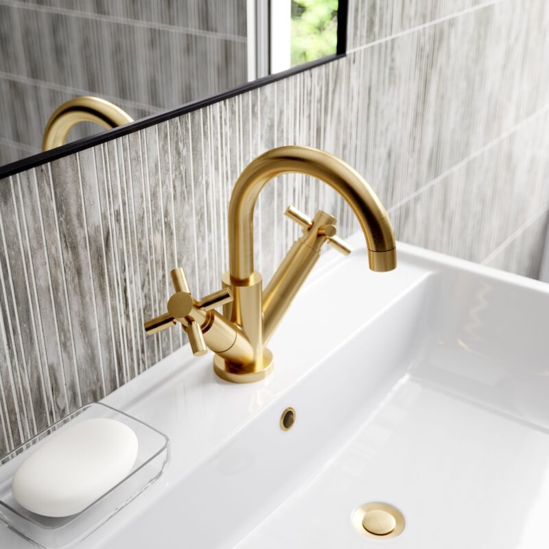 Hudson Reed Tec Brushed Brass Crosshead Mono Basin Mixer with Waste