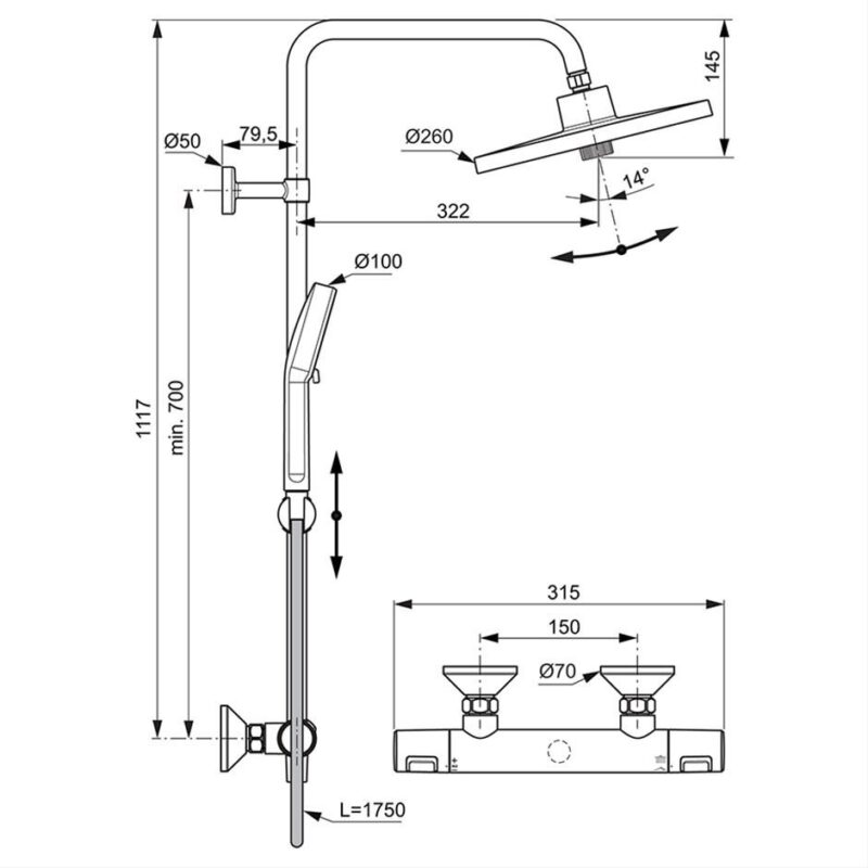 Ideal Standard Ceratherm T25+ Thermostatic Shower System Silk Black