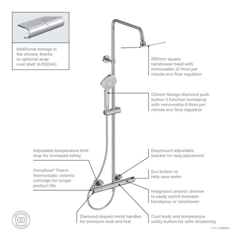 Ideal Standard Ceratherm T100 Exposed Shower System with Square Rainshower