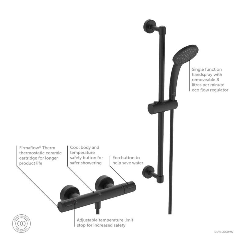 Ideal Standard Ceratherm T25 Exposed Shower Mixer with Slide Rail Silk Black
