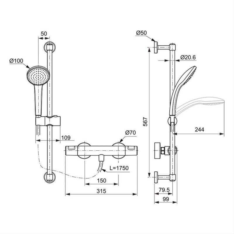Ideal Standard Ceratherm T25 Exposed Shower Mixer with Slide Rail Silk Black