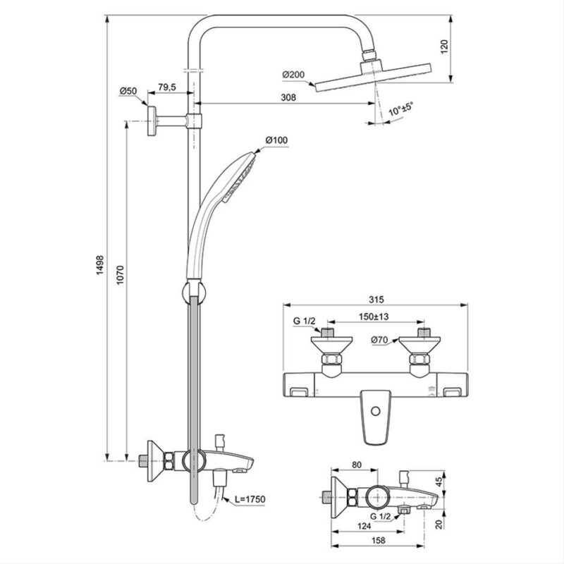 Ideal Standard Ceratherm T25 Exposed Thermostatic Bath Shower System