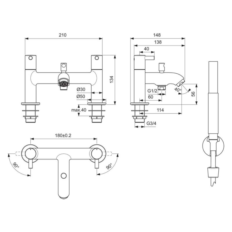 Ideal Standard Ceraline Dual Control Bath Shower Mixer Tap Silk Black