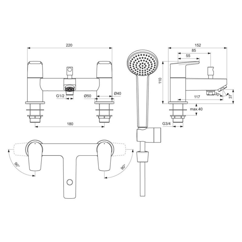 Ideal Standard Cerafine D Dual Control Bath Shower Mixer with Shower Set