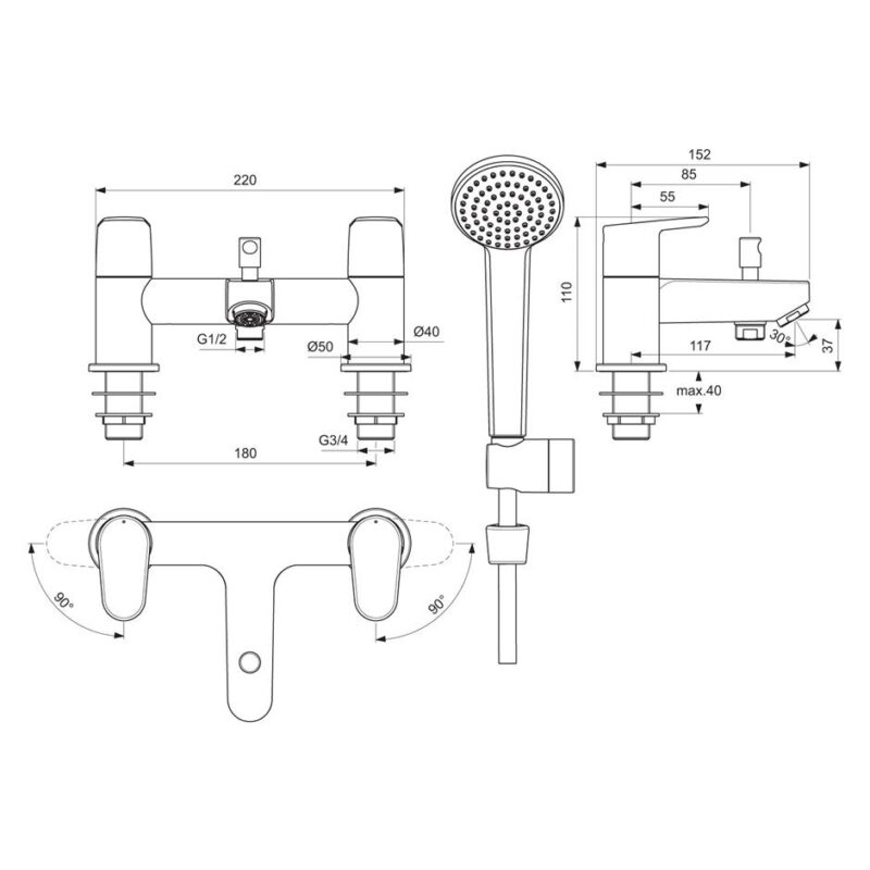 Ideal Standard Cerafine O Dual Control Bath Shower Mixer with Shower Set