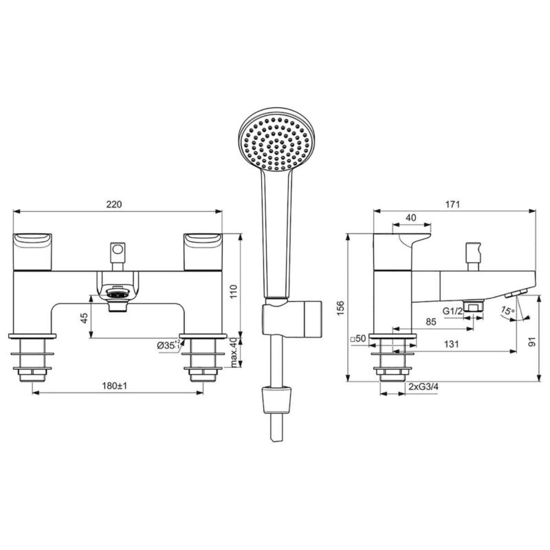 Ideal Standard Ceraplan Bath Shower Mixer Tap Silk Black