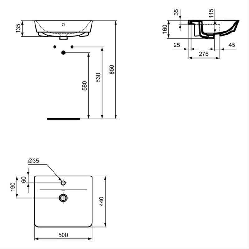 Ideal Standard Connect Air Cube 50cm Semi Countertop Basin 1 Taphole