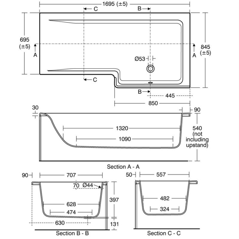 Ideal Standard Concept 170cm Square Shower Bath Right Hand with Front & End Panel